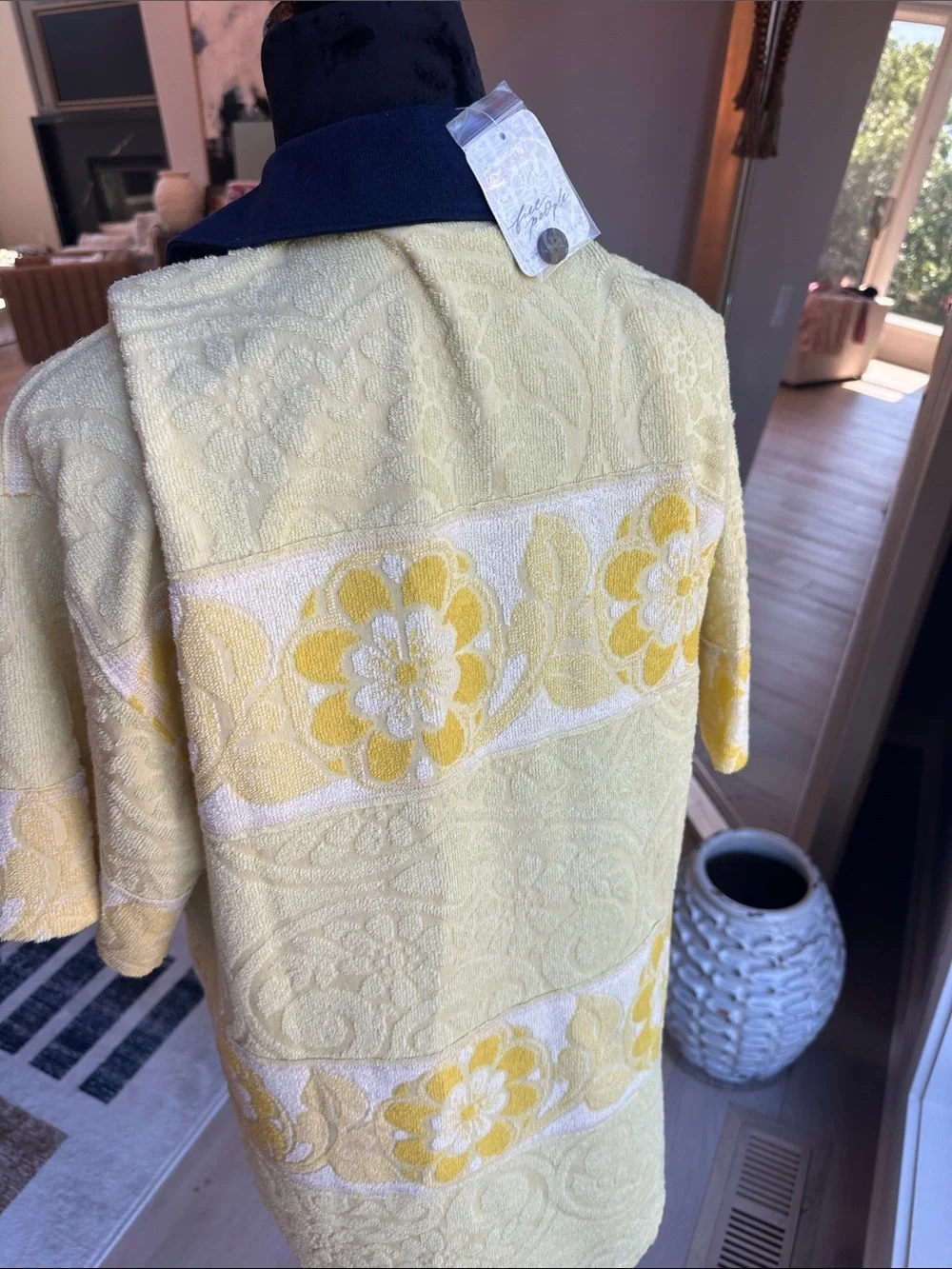 Free People Yellow Floral Terry Polo with Navy Placket